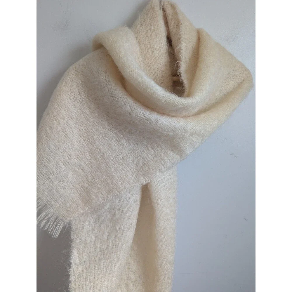 Vintage Wide Mohair Wool Shawl Scarf Wrap Stole Fringe Cream Ivory 75x19